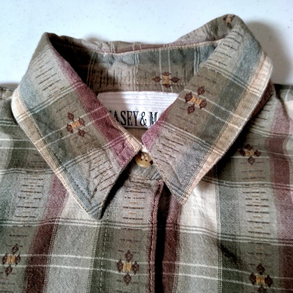 Vintage Casey And Max Blouse Women L Brown Plaid Embroidered Leaf Leaves Fall - Picture 11 of 15